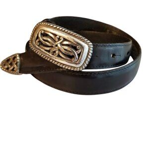 Brighton Black Leather Belt Cabona's Size Small, Silver Patina Buckle, Vintage